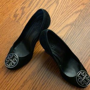 Tory Burch Suede Wedge with TB logo on the front